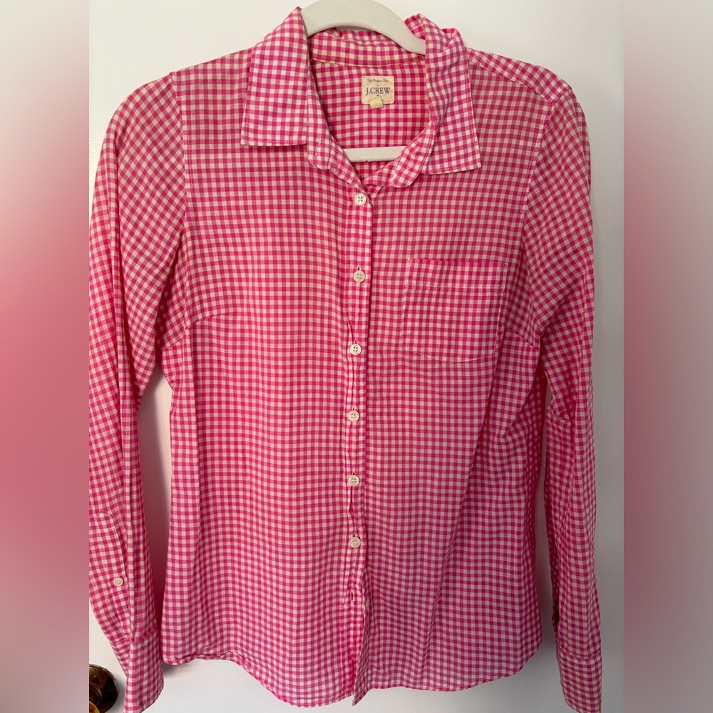 J. Crew Pink Checkered Blouse | XS | “the perfect shirt”